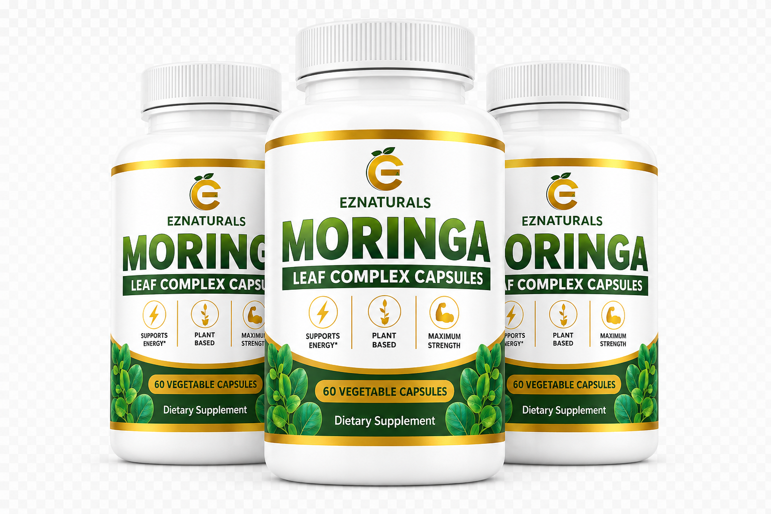 Three official EZNaturals Moringa Leaf Complex bottles